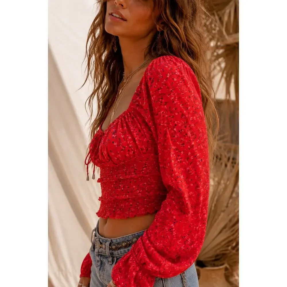 Free People Red Floral Smocked Crop Top Boho Peasant Blouse Puff Sleeve Top S